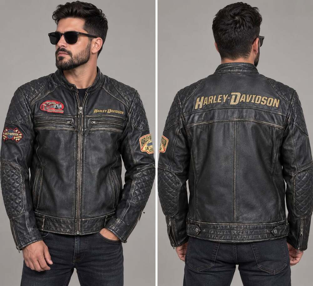 Vintage Harley-Davidson Distressed Leather Motorcycle Jacket Black